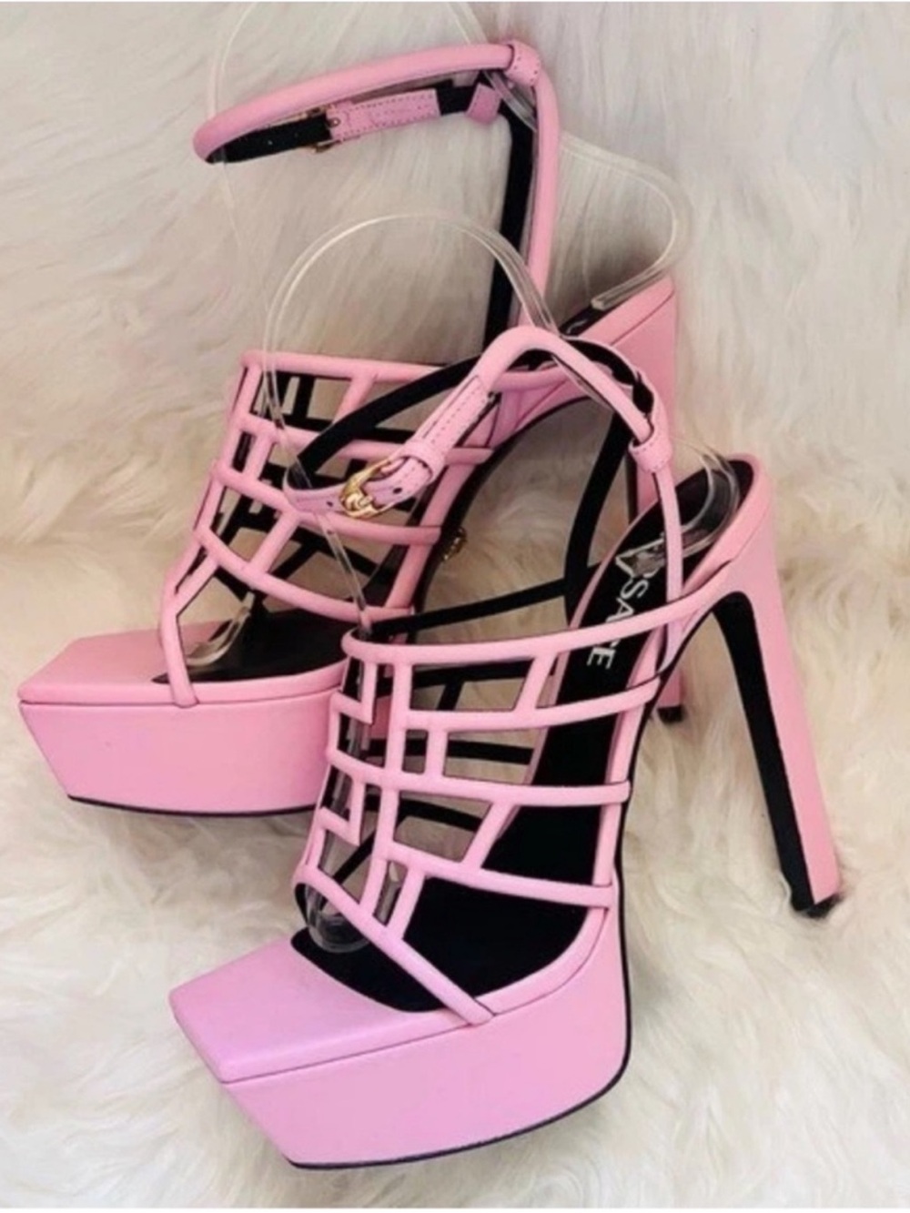 New! VERSACE Greca Maze Pink Leather Platform Sandals Heels IT 38